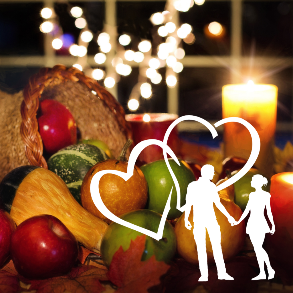 Image shows thanksgiving harvest basket with romantic silhouette couple